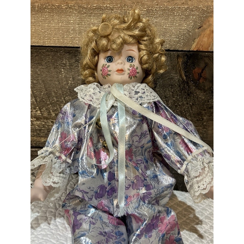 Brinn's Collector Edition Clown Porcelain Doll Curly‎ Blonde Hair Blue Eyes